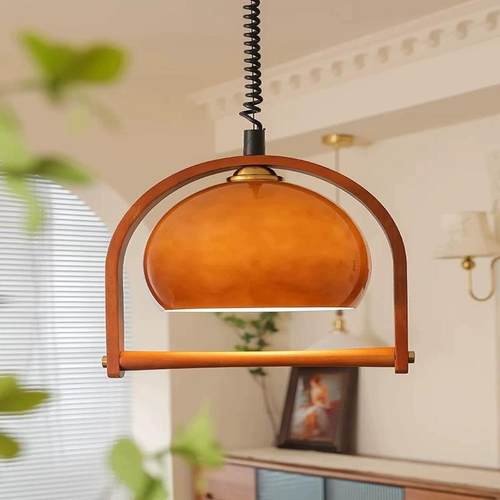 中古餐厅琥珀色玻璃复古伸缩吊灯日式实木美式吧台岛台拉绳吊灯