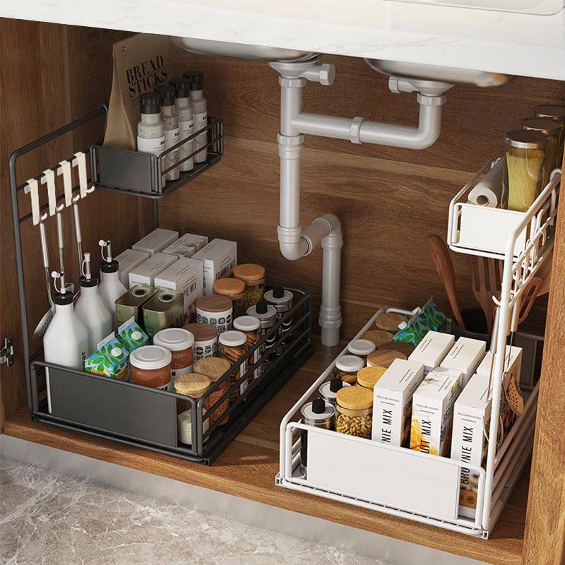 厨房下水槽置物架抽屉式储物架落地式铁艺推拉篮分隔调味料整理架