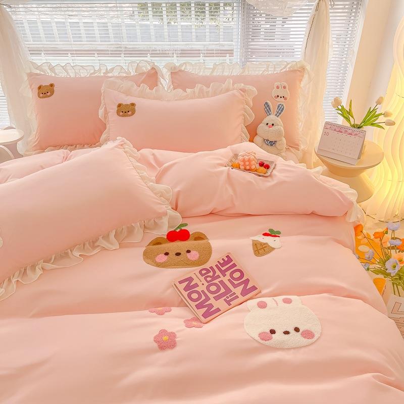 公主风水洗棉磨毛床单四件套粉色女孩被套单人宿舍床上用品三件套