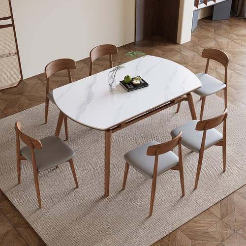 岩板伸缩餐桌椅组合现代简约家用小户型现代简约全实木折叠方变圆