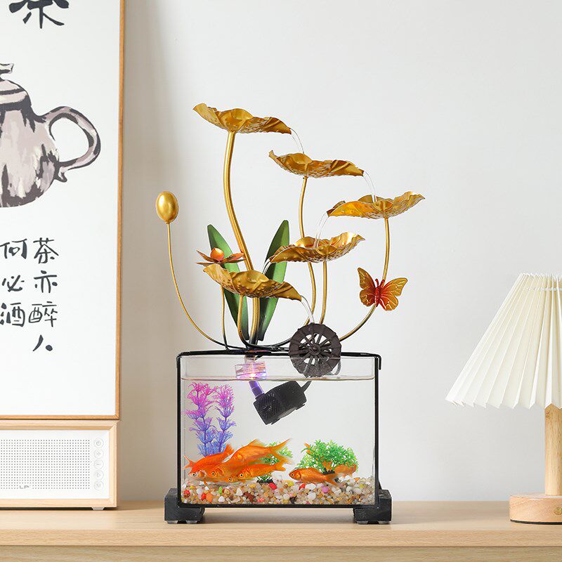 现代风简约轻e奢鱼缸流水招财摆件办公室桌面客厅铁艺装饰礼品摆