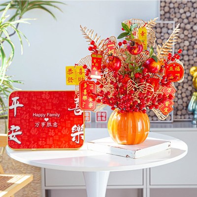 红果发财果仿真花摆n件客厅红色年宵花红红火火福桶假花装饰花摆