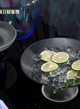 新款轻奢创意高脚水果盘摆件茶几A餐桌彩色条纹玻璃托盘零食干果