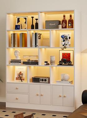 书架落地置物架一体靠墙收纳展示储物柜子仿实木色家用书柜带柜门