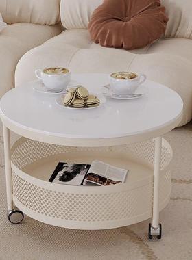 网红奶油风岩板茶几客厅家用茶桌现代简约小户型可移动带轮小圆桌