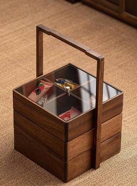 大岸堂胡桃木提盒便携式茶盒茶道食盒实木收纳盒新中式多层提盒