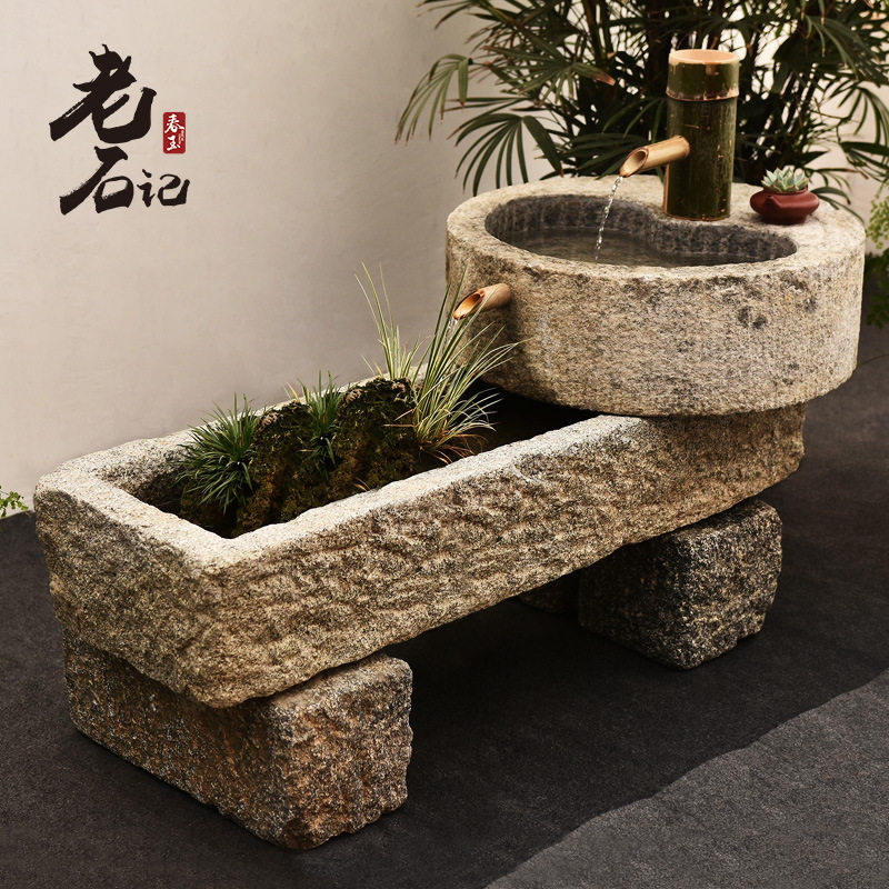 鱼缸室外庭院长方形花盆老石槽阳台水景旧水槽户外摆件猪槽垒德株