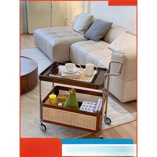 实木移动边几小推车置物架复古客厅沙发茶几中古藤编卧室床头桌