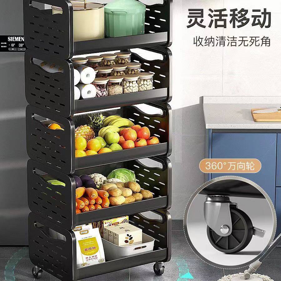 定制黑色碳钢厨房厨具收纳整理架带滚轮落地可移动果蔬篮置物架