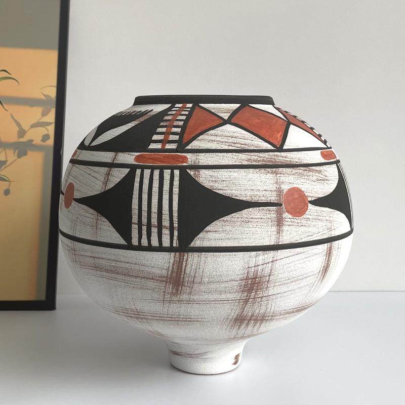 侘寂中古风手绘图案格纹陶瓷花瓶装饰摆件高级感中式陶罐花器饰品