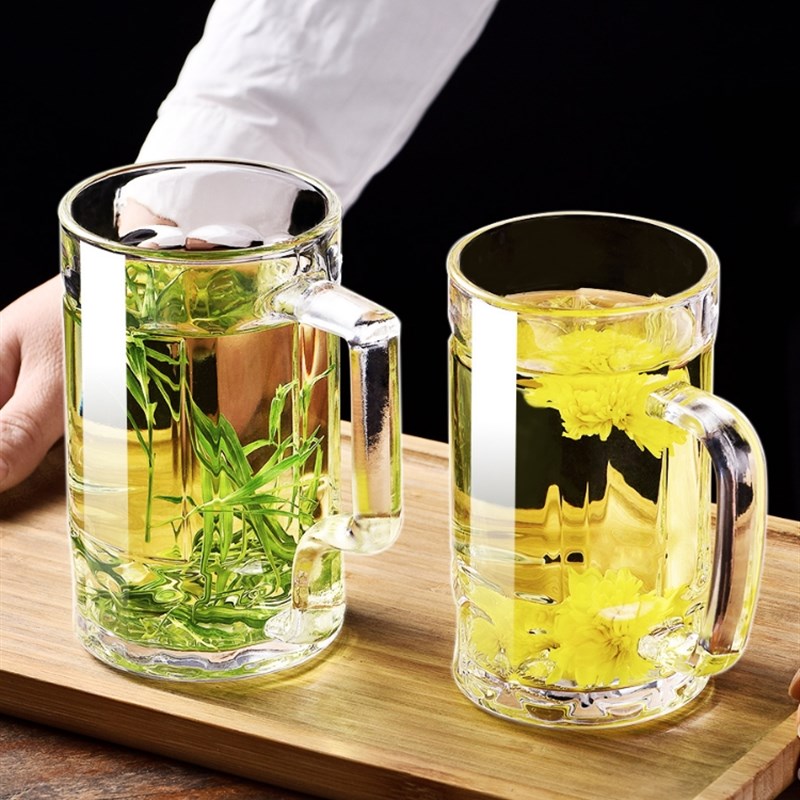 钢化玻璃杯茶杯带把手家用防w摔啤酒杯子耐高温扎啤喝水男泡茶水