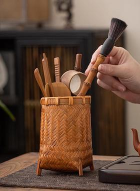 手工竹编六君子茶筒复古大漆收纳筒笔筒茶则茶针茶夹茶道零配件