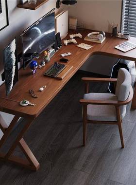 严选实木转角电脑桌拐角l型书桌书架一体电竞桌双人小户型办公桌