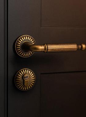 烁盾法式黄古铜卧室门锁室内门把手静音磁吸分体锁复古美式木门锁