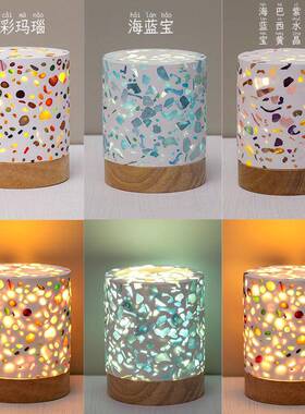 石膏小夜灯氛围灯USB插电三色护眼灯文创水晶碎石床头灯家居摆件