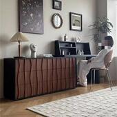 法式 复古柚木实木梳妆台黑胡桃木卧室床尾斗柜一体化妆桌转角书桌