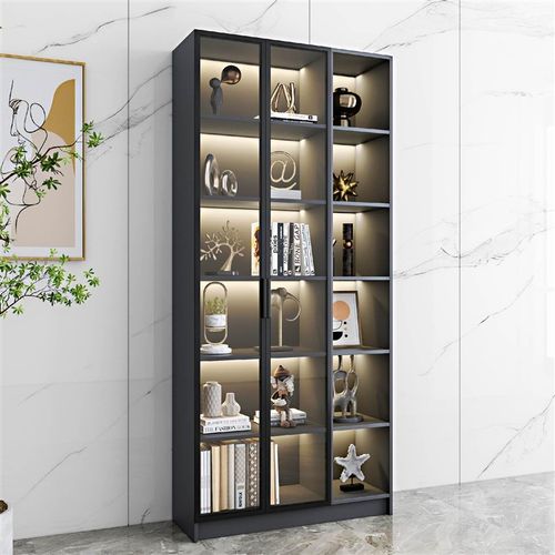 带玻璃门背景墙书柜一体整墙到顶客厅储物柜展示柜靠墙轻奢高级感