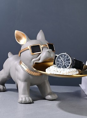 新款轻奢风钥匙托盘收纳招财狗狗摆件进门玄关前台糖果盘子装饰品