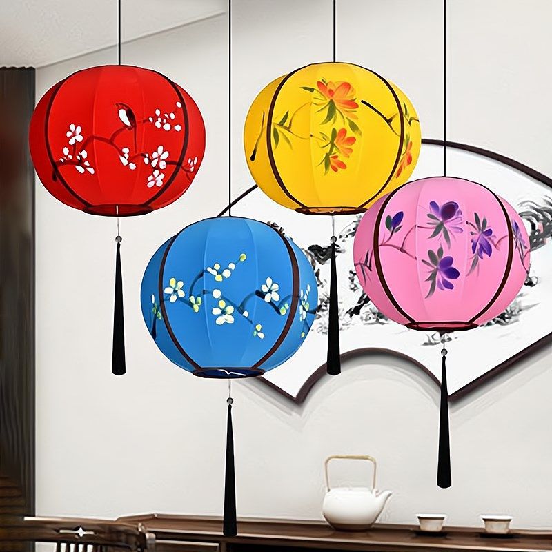 中秋灯笼新中式圆形灯笼古典布艺彩色手绘吊灯装饰火锅店商场户外