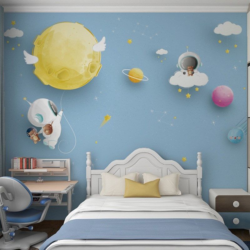 墙纸儿童房墙壁贴纸可爱太空人墙布男生卧室壁纸卧室壁布定制壁画