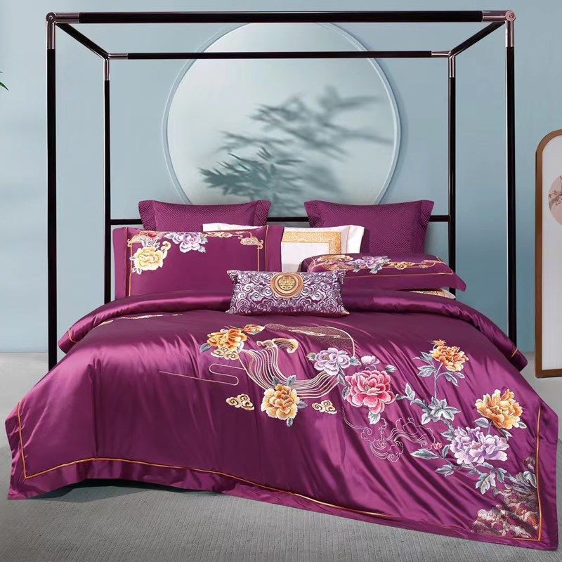 高档奢华高级感真丝棉中式花卉刺绣红色结婚庆陪嫁被套床单四件套