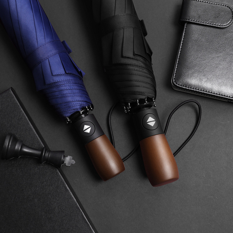 中性商务素e色10骨防风三折全自动男女商务原木复古木柄雨伞折叠