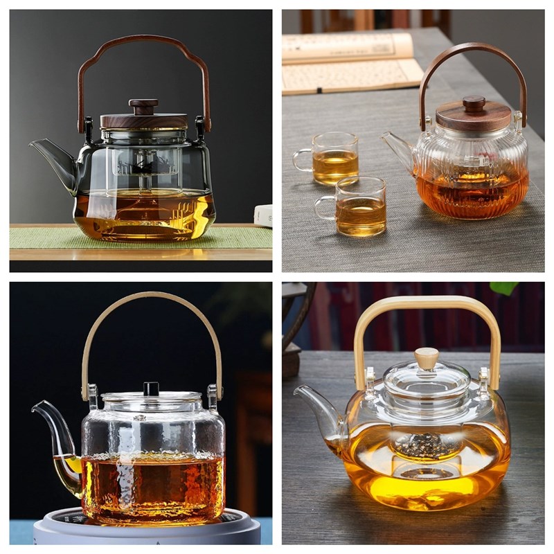 围炉煮茶木盖蒸煮提梁壶泡茶壶 可明火电陶炉加热蒸煮两用玻璃壶
