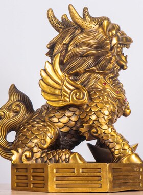 铜制12寸麒麟家居摆件公母一对纯黄铜复古神兽旺财摆件化解办公室
