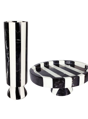 现代简约轻奢黑白条纹花瓶样板间大理石高脚果盘托盘收纳装饰摆件