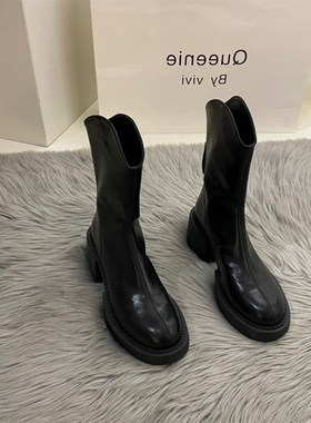 小个子BI备~靴子女马丁靴圆头厚底粗跟高跟后拉链黑色短靴