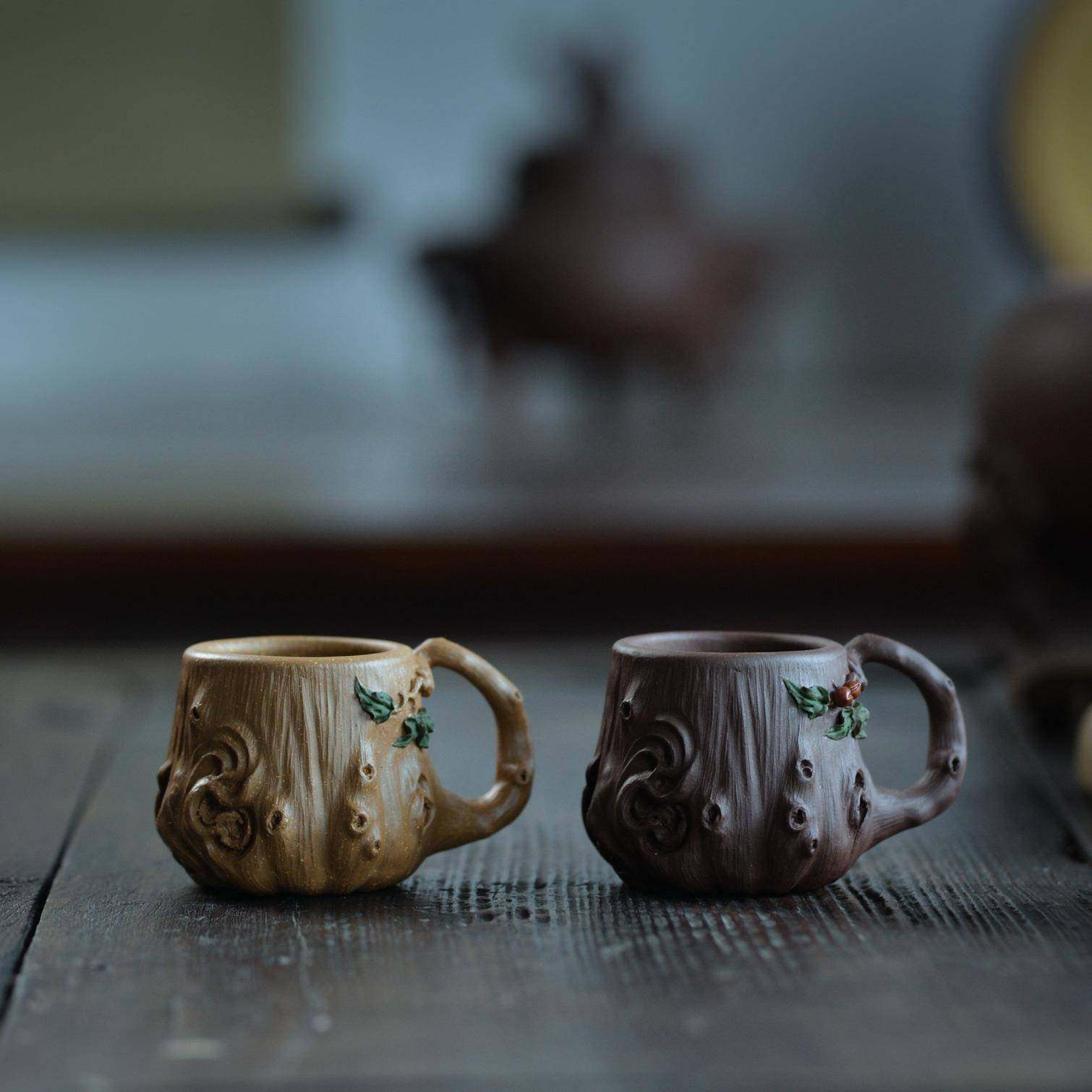 宜兴紫砂杯茶杯手工紫泥带把主人杯贴花梅桩树桩品茗杯子茶具配件