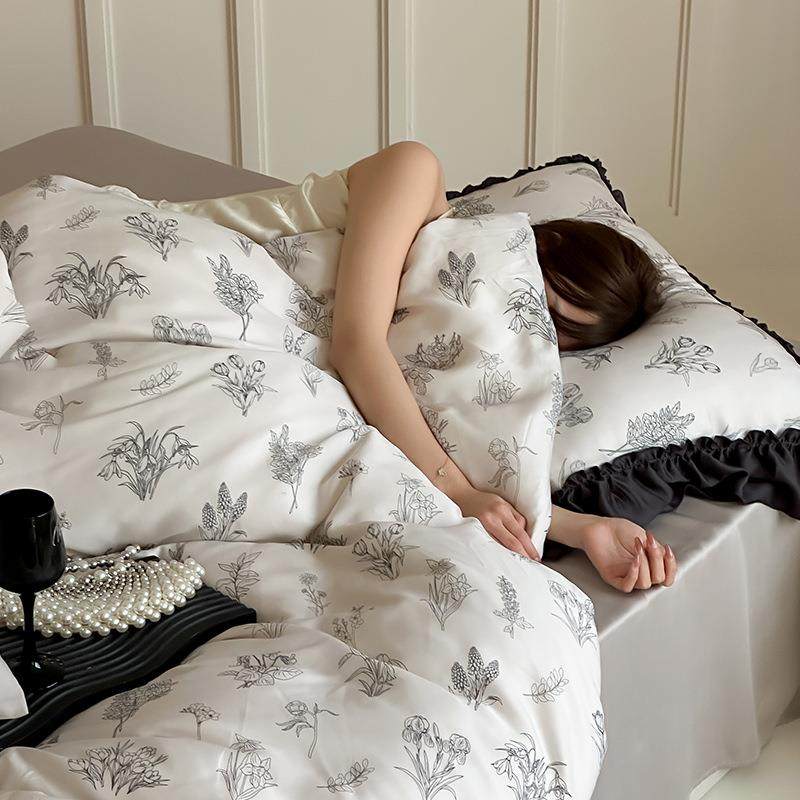 夏季莱赛尔天丝床上四件套冰丝凉感夏天法式公主风黑色荷叶边床品