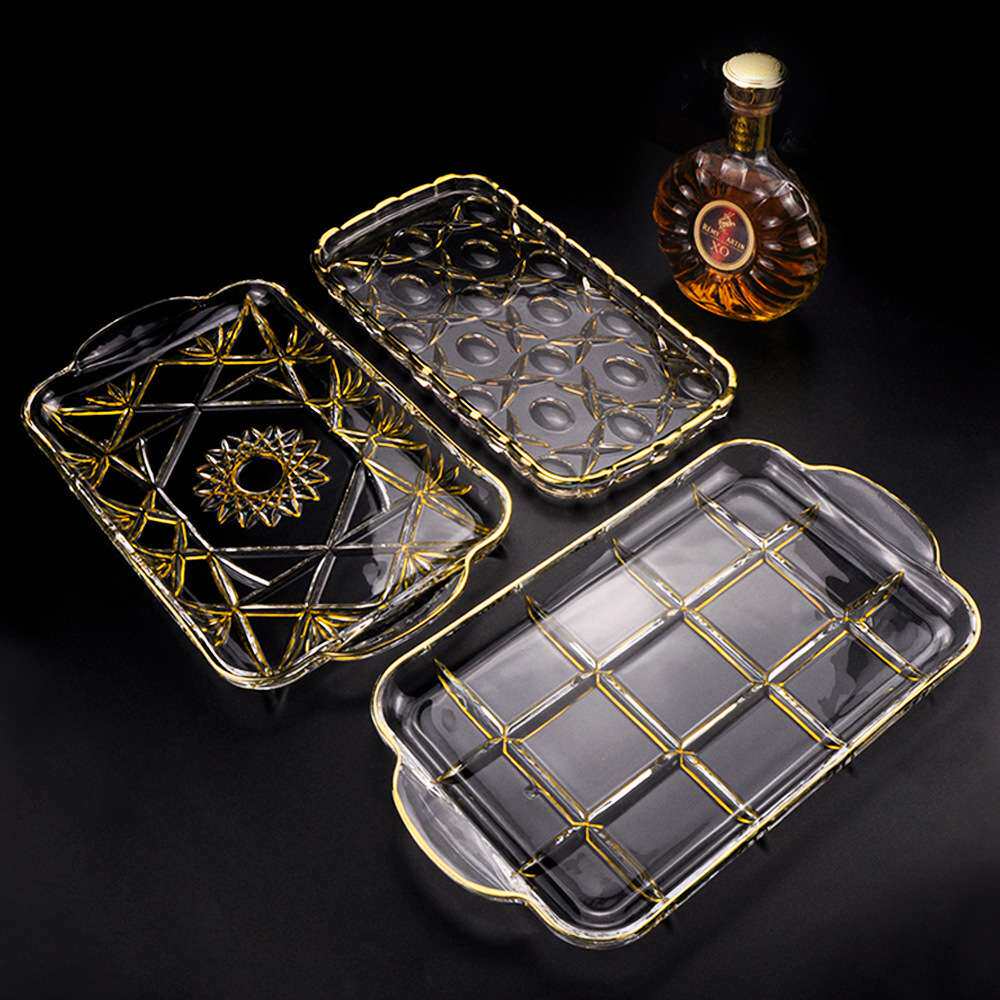 金色大号水晶玻璃现代家居装饰托盘奢华描金茶几摆件干果盘方盘