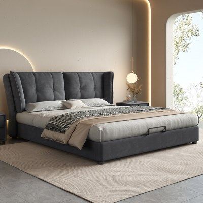 侘寂风亲肤磨砂布床极简软包靠背双人主卧1.8米1.5m气压储物床,住宅家具,布艺床,淘宝优惠券,粉丝福利购,淘宝优惠卷