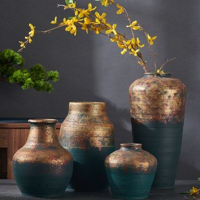 复古金色陶罐花瓶插花水培绿植多肉大花盆禅意新中式创意客厅摆件,家居饰品,花瓶,淘宝优惠券,粉丝福利购,淘宝优惠卷