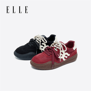 ELLE德训鞋女2025新款冬厚底复古撞色加绒休闲舒适百搭女鞋板鞋