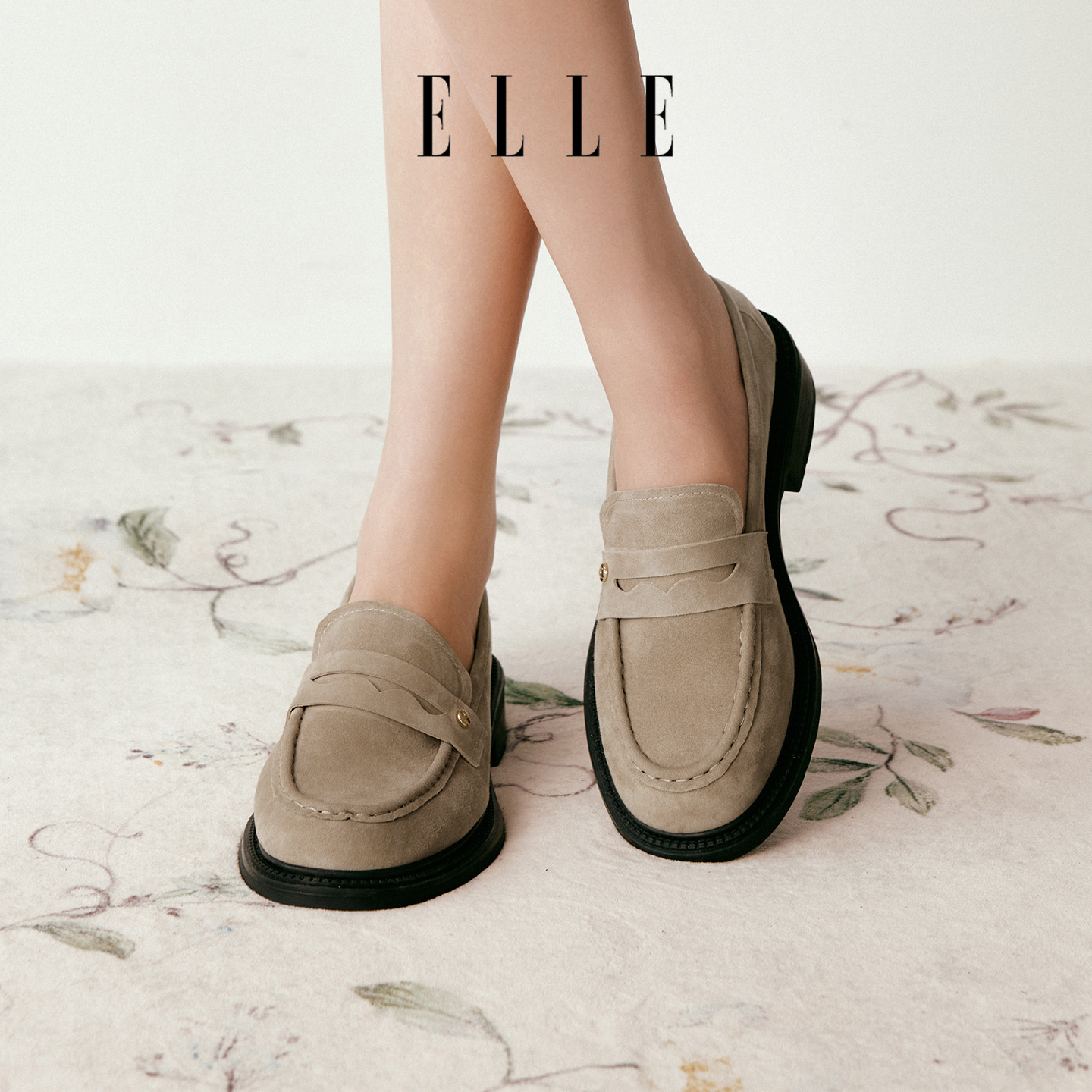 ELLE超软羊皮乐福鞋女款2026新款通勤春季女鞋灰色单鞋厚底小皮鞋
