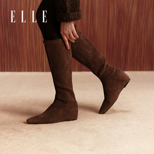 ELLE美拉德加绒靴子2025冬季新款显瘦内增高及膝长靴时装靴女鞋