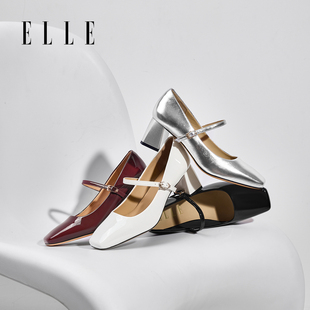 ELLE粗跟红色玛丽珍单鞋2025新款冬季一字扣真皮高跟鞋不累脚女鞋
