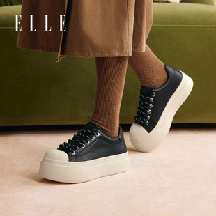 ELLE真皮厚底板鞋女款2025秋冬新款增高百搭运动休闲鞋饼干鞋女鞋