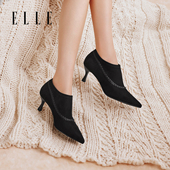 ELLE法式 真皮踝靴小羊皮细跟高跟鞋 尖头高跟短靴女靴2025新款 冬季