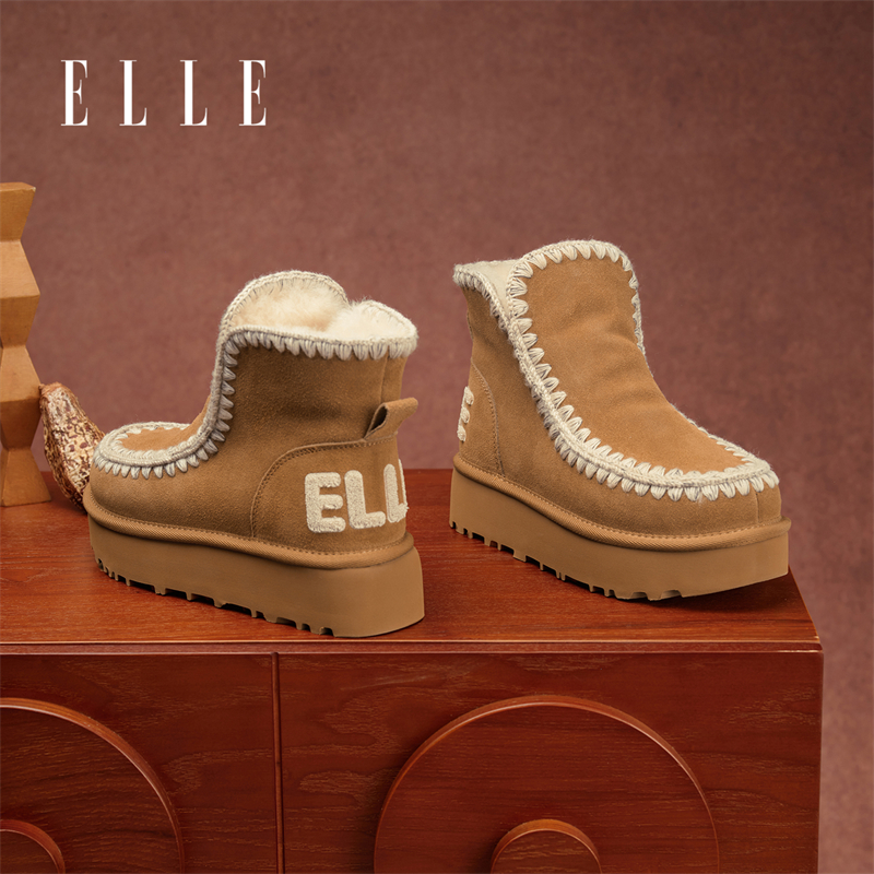 ELLE羊皮毛一体雪地靴2025冬季新款增高厚底保暖加绒毛毛鞋大棉鞋