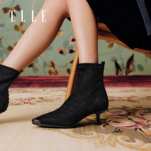 ELLE尖头细跟高跟短靴女2025新款冬季配裙子巨好看高跟靴小众靴子
