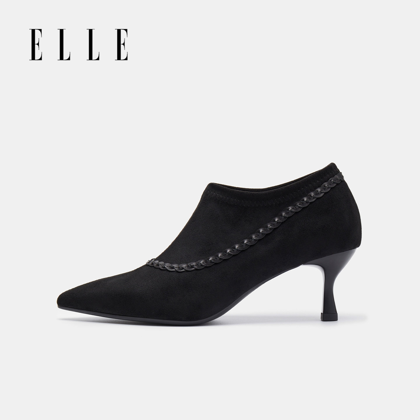 ELLE法式尖头高跟短靴女靴2025新款冬季真皮踝靴小羊皮细跟高跟鞋