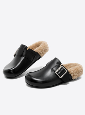 ELLE加绒勃肯鞋毛绒半托2025新款冬季一脚蹬内增高女鞋毛毛拖鞋冬