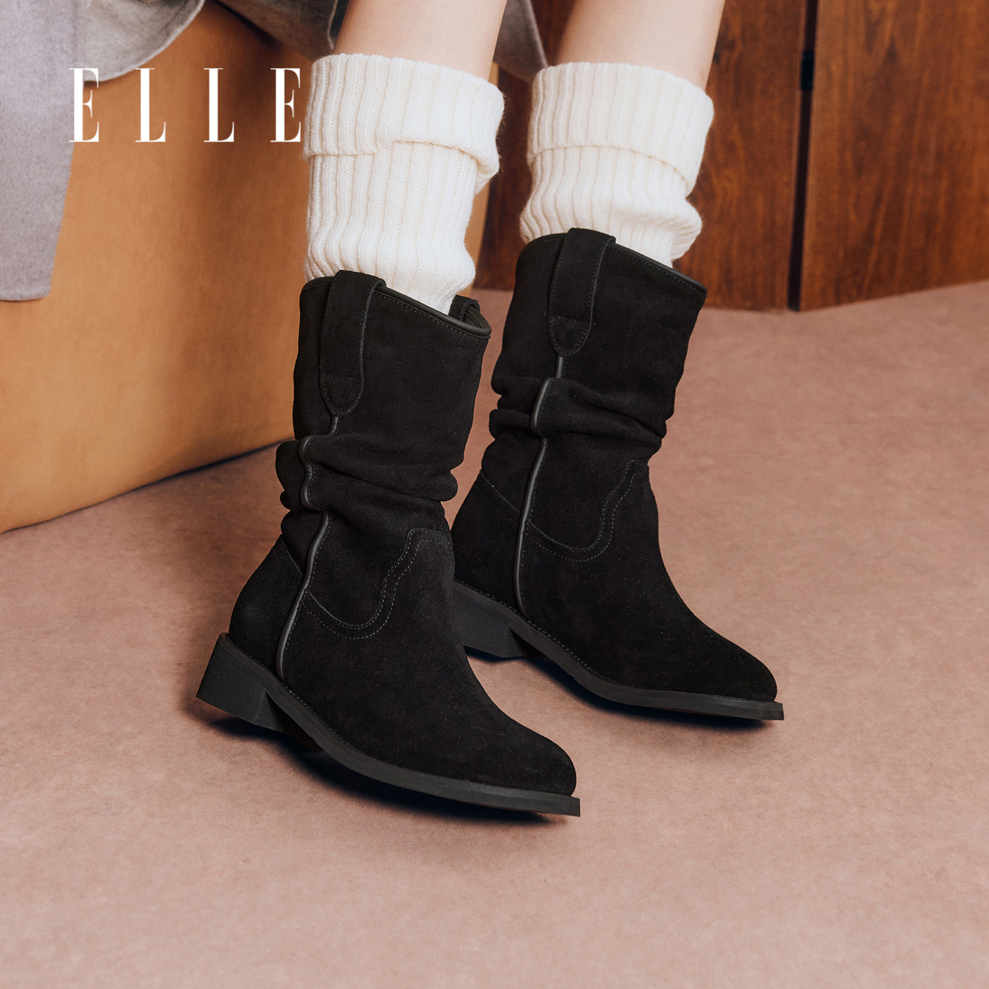 ELLE秋日记忆●尖头粗跟短靴堆堆靴女2025新款秋冬咖色靴子西部靴
