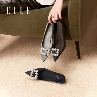 ELLE小香风水钻尖头单鞋女2025新款细跟高跟浅口方扣晚晚鞋