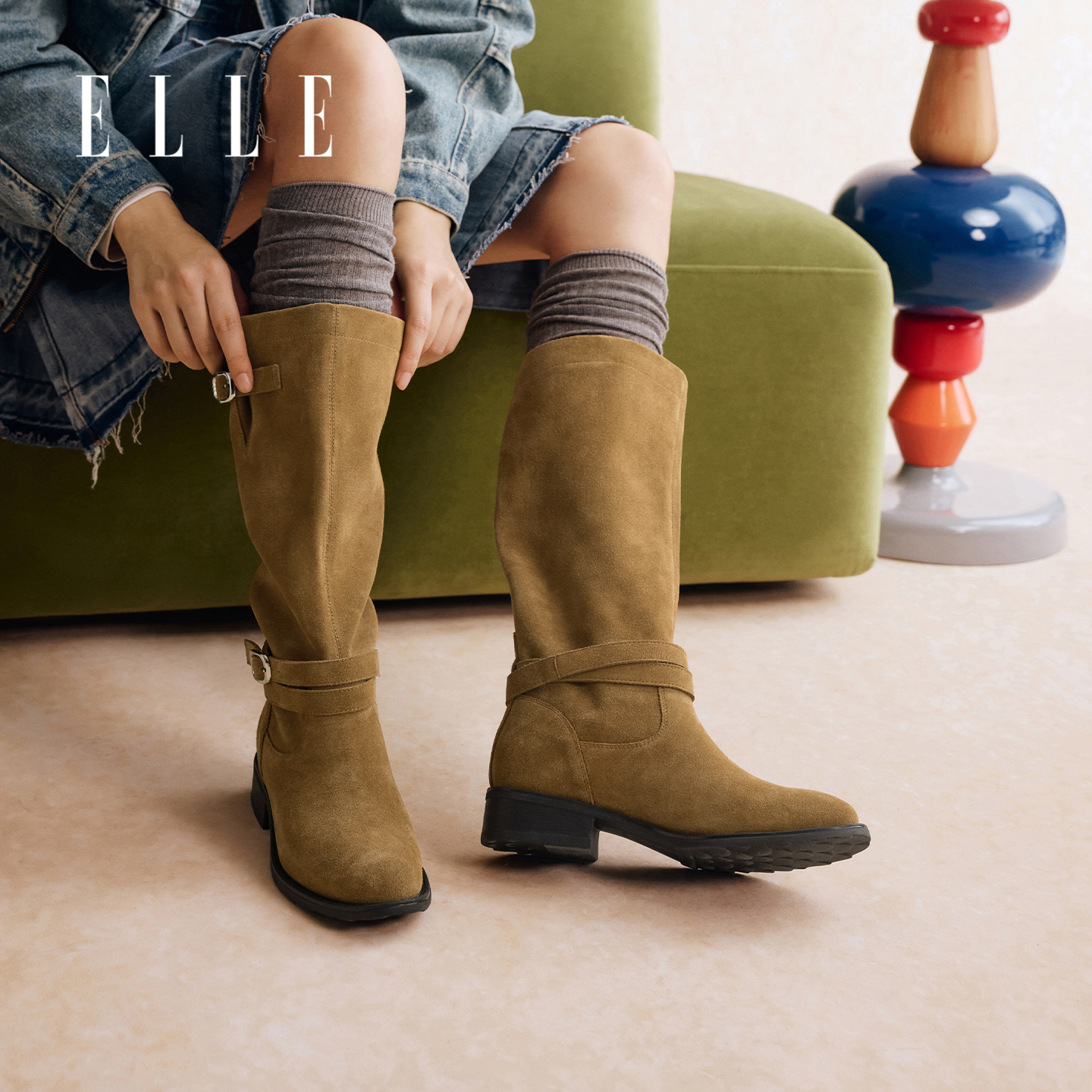ELLE长腿星人●西部牛仔长靴女2025新款秋季粗跟不过膝长筒骑士靴
