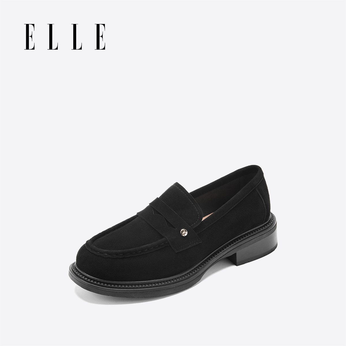 ELLE超软羊皮乐福鞋女款2026新款通勤春季女鞋灰色单鞋厚底小皮鞋