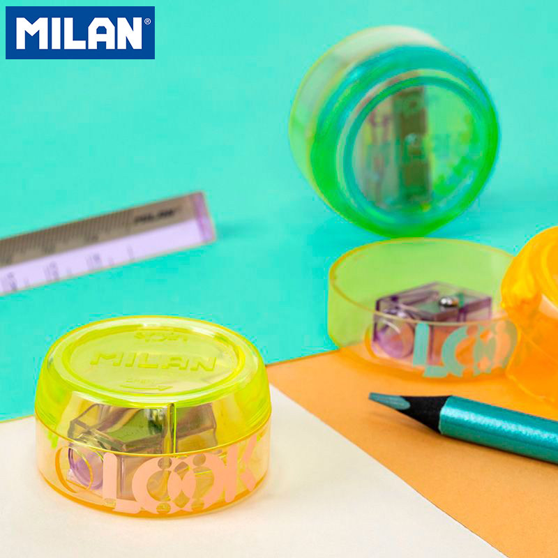 西班牙进口MILAN创意彩色圆环卷笔器手摇式学生文具削笔器单孔铅笔刀削笔器带集尘盒透明圆形转笔刀橡皮套装